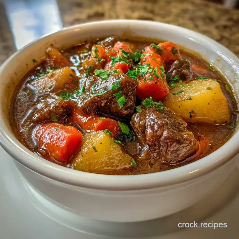 Elegant bowl of hearty beef stew glistening with red wine reduction, garnished with fresh parsley, inviting warm comfort.
