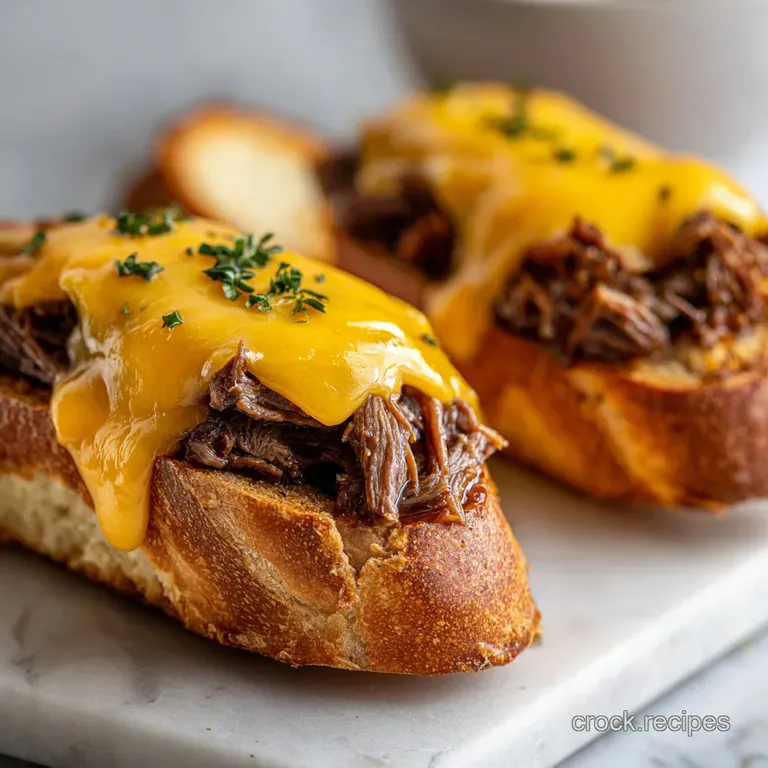 A platter of toasted sliders topped with bubbling golden cheese, served with crisp pickles and fresh parsley.