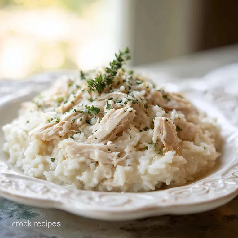 Elegant plate of creamy chicken and rice with fresh herb garnish. Steam rises, highlighting its warm, comforting appeal.