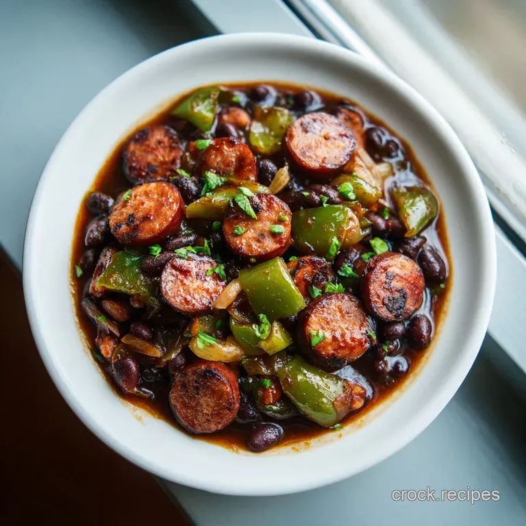 A white ceramic bowl filled with glossy brown beans and seared sausage rounds, garnished with fresh green scallions.