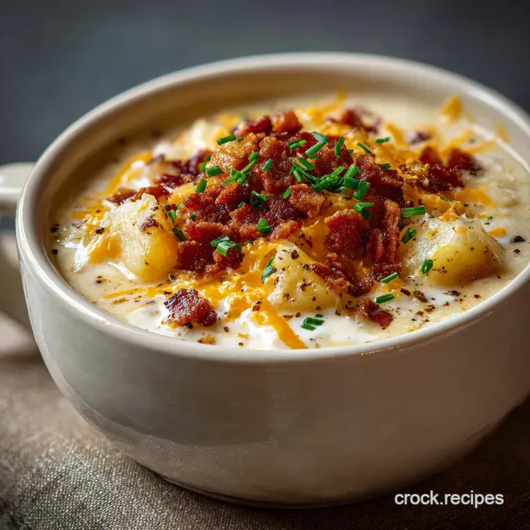 Elegant bowl of creamy potato soup with shredded cheese, herbs, and bacon bits, garnished with a dollop of sour cream.