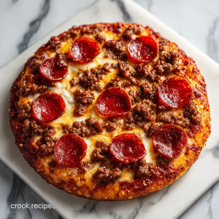 A slice of cheesy pizza casserole on a white ceramic plate, garnished with fresh parsley and red pepper flakes.
