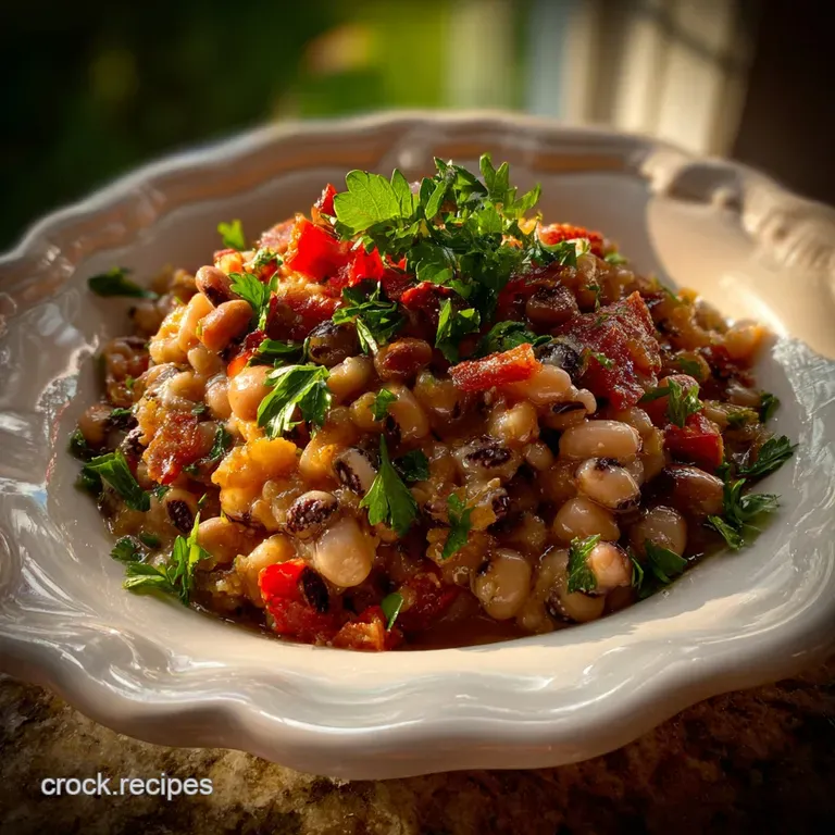 Creamy Hoppin' John served in a shallow white bowl, garnished with a vibrant sprig of parsley, a comforting and flavorful ...