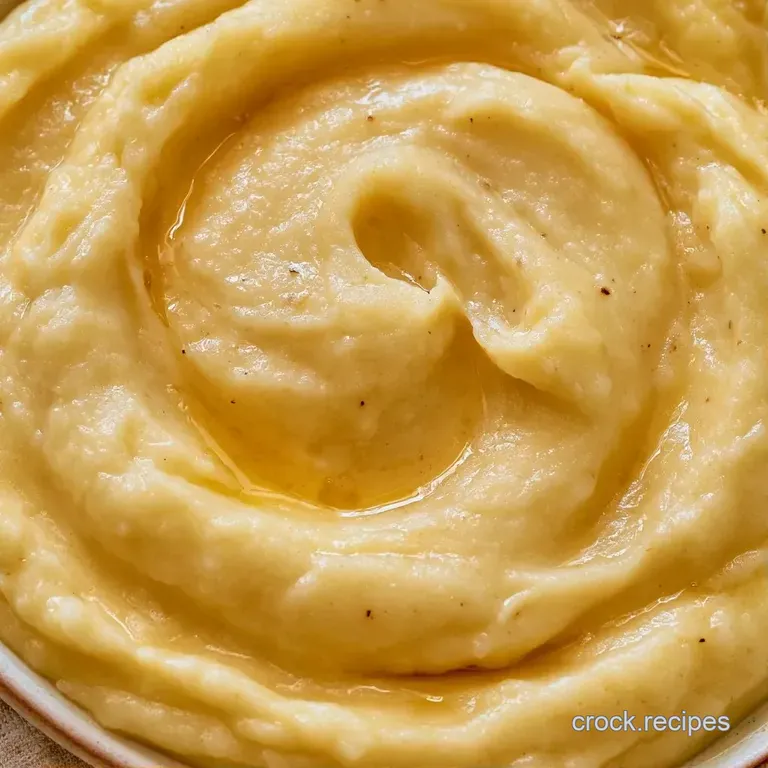 A smooth swirl of fluffy white puree on a slate plate, garnished with a sprig of thyme and cracked black pepper.