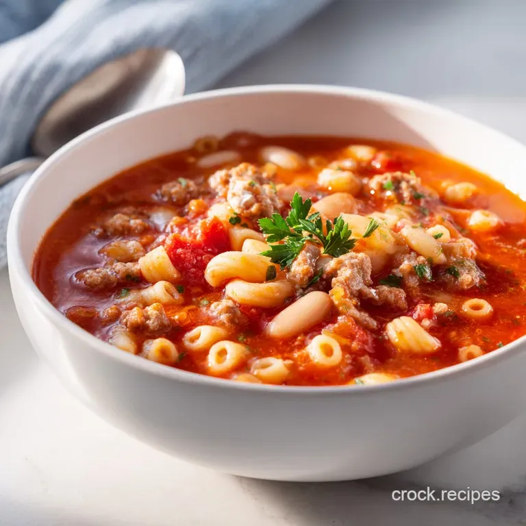 A rustic white bowl filled with thick tomato soup, white beans, and pasta, topped with a sprig of fresh parsley.