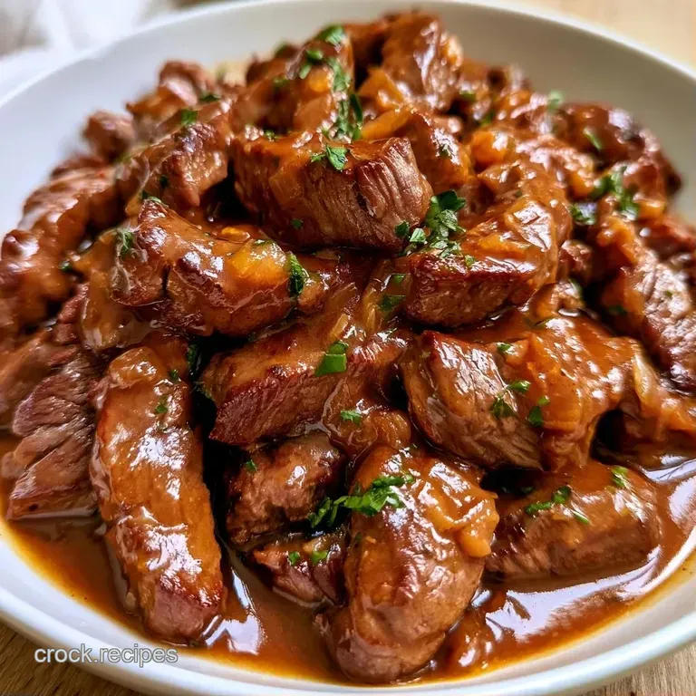 Sliced beef medallions topped with glossy brown gravy on creamy mashed potatoes, garnished with fresh parsley.