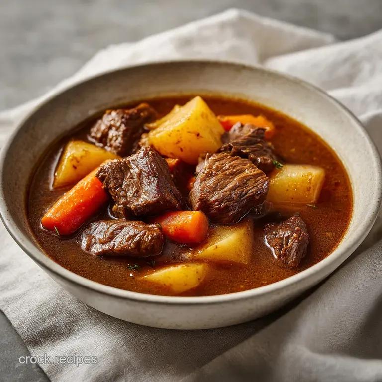 A deep rustic bowl of savory beef stew topped with fresh green parsley, served with a slice of crusty toasted bread.