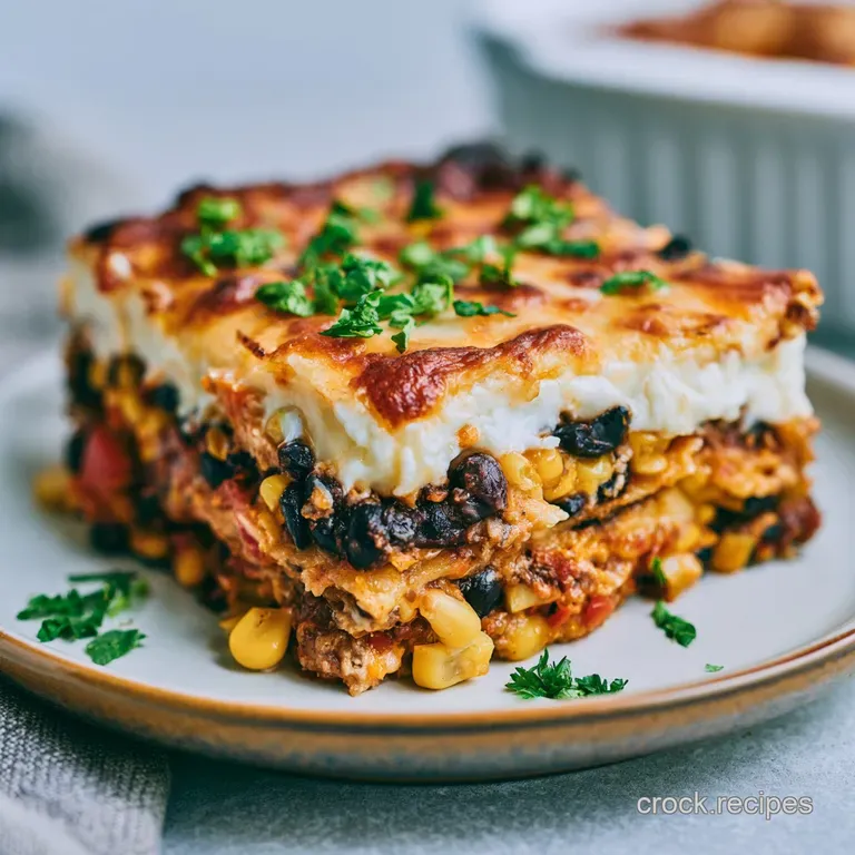 A generous square slice of cheesy layered casserole on a white plate, garnished with diced tomatoes and avocado.