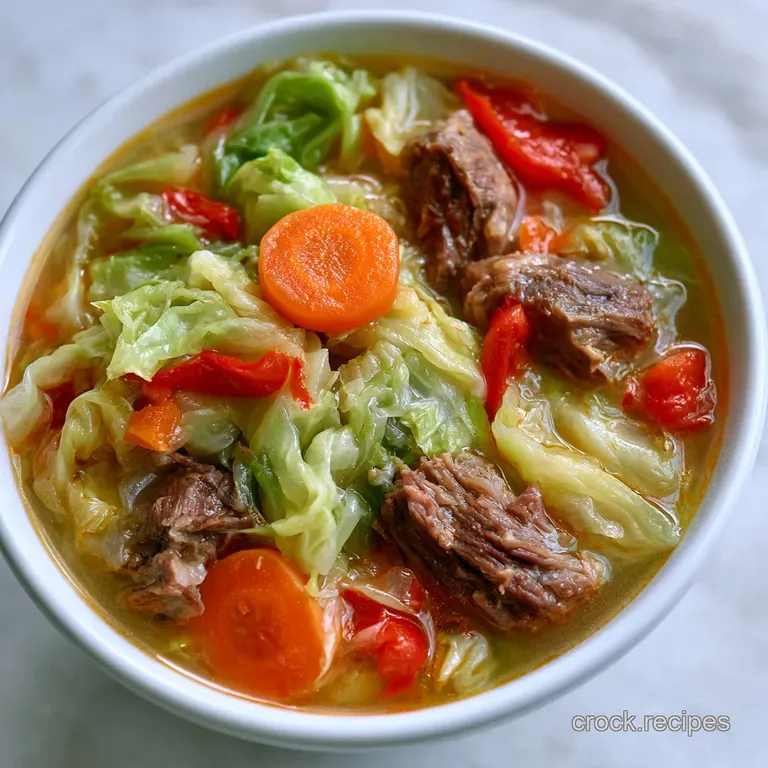 A white ceramic bowl of savory beef and cabbage soup, topped with fresh parsley beside a piece of crusty bread.