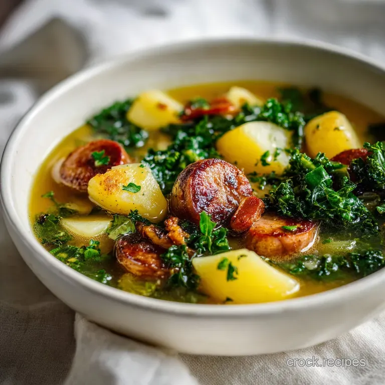 A rustic bowl of creamy white soup with browned sausage and bright green kale served beside a slice of crusty bread.