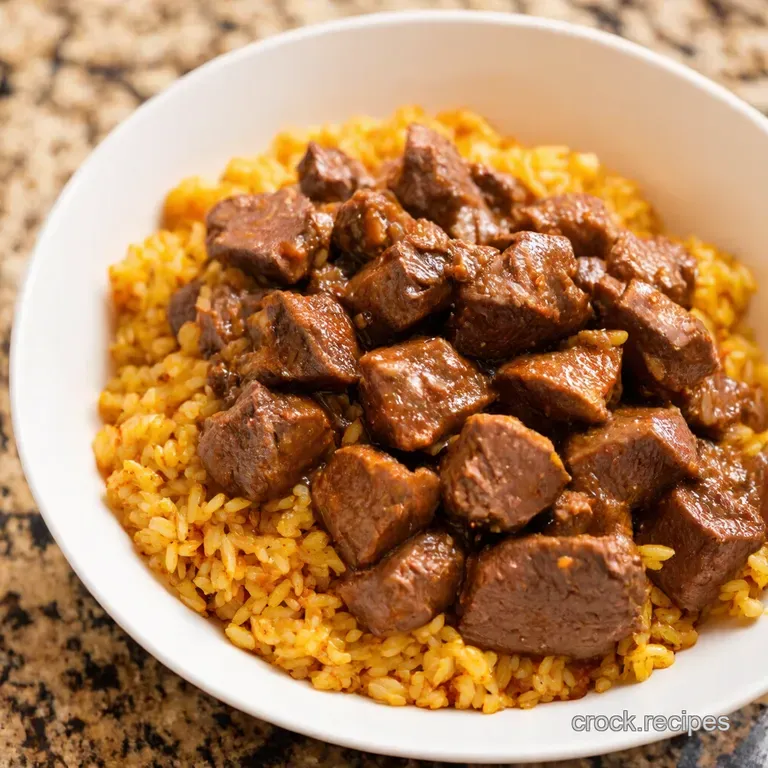 Crockpot Beef Tips and Gravy with Fluffy Rice presentation