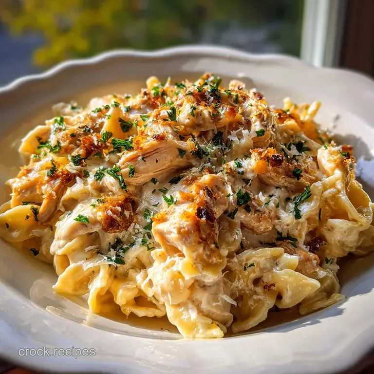 Perfectly twirled pasta nests cradle sliced chicken breast, bathed in a rich, ivory Alfredo sauce, garnished with herbs.