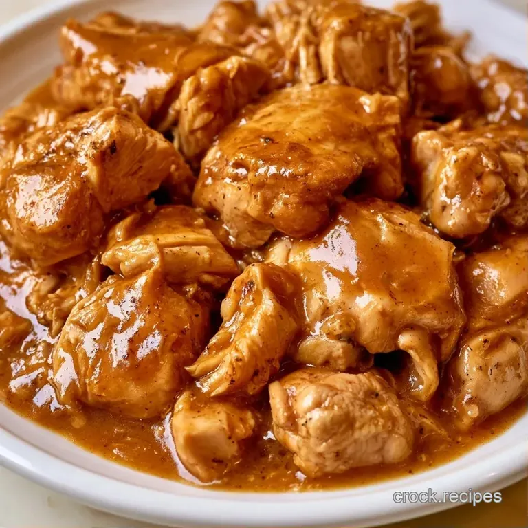A white ceramic plate featuring juicy chicken pieces smothered in velvety brown gravy and garnished with fresh parsley.