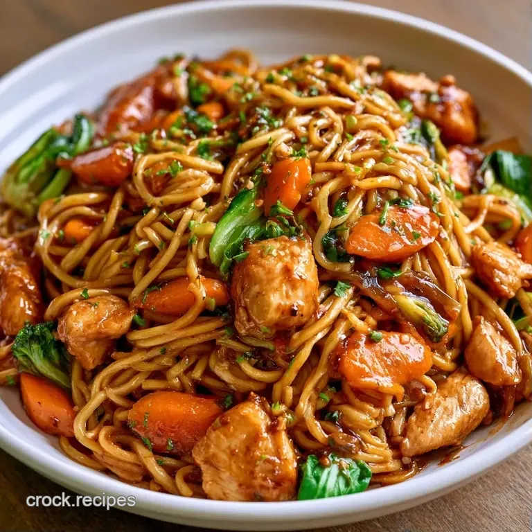 A steaming bowl of savory noodles and tender meat, topped with sliced green onions and sesame seeds on a dark plate.