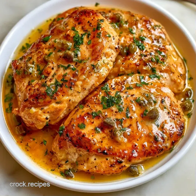 Two tender chicken breasts on a white plate, accented by bright lemon wheels and a sprinkle of fresh green parsley.