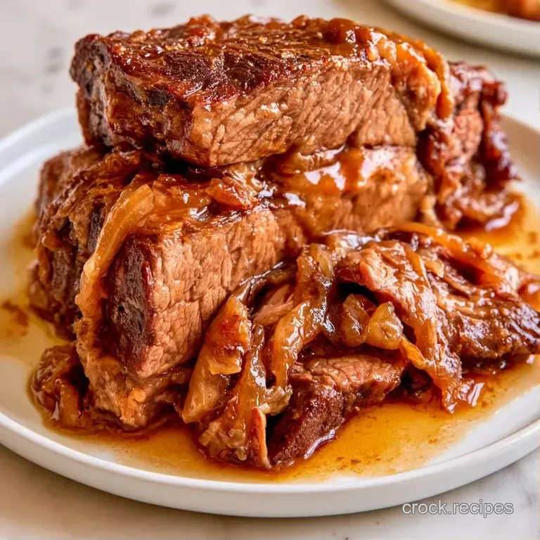 Slices of tender, browned beef served on a white plate alongside glazed carrots and fluffy mashed potatoes.