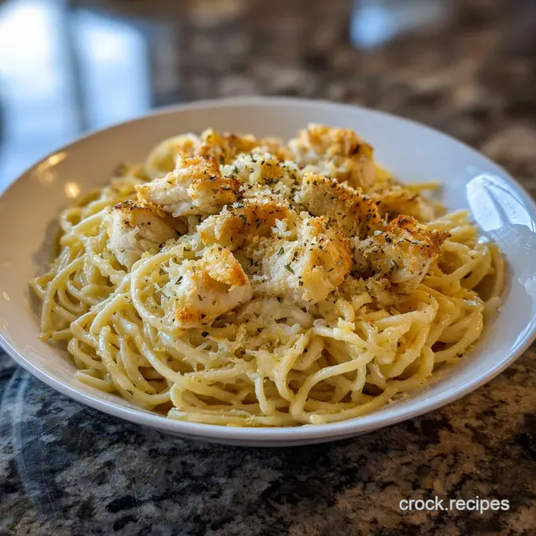 A twirl of garlic parmesan pasta cascading off a fork, glistening with sauce and flecked with herbs; chicken resting below.