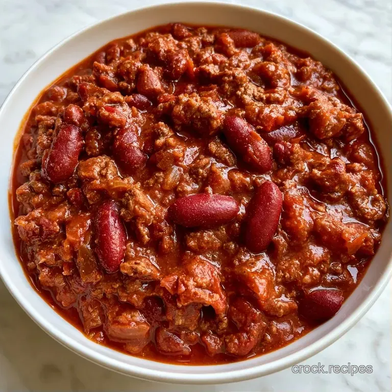 Deep red chili in a ceramic bowl topped with cool sour cream and cilantro beside a slice of buttery golden cornbread.