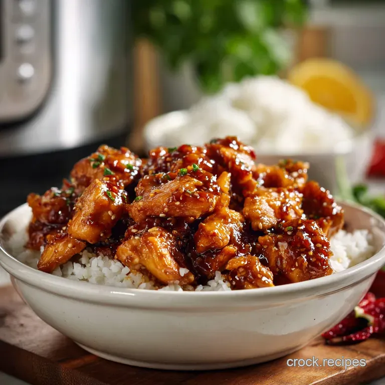 Tender, glistening chicken pieces in a rich, amber glaze. The slow-cooked meat is set in a rustic crockpot against a dark ...