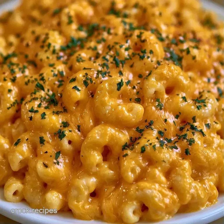 A generous scoop of gooey yellow pasta and cheese in a white bowl topped with fresh parsley and cracked black pepper.