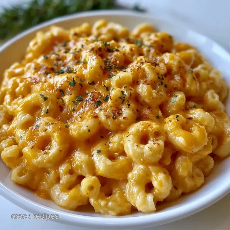 Gooey yellow pasta served in a modern white bowl, garnished with crisp toasted breadcrumbs and fresh parsley.