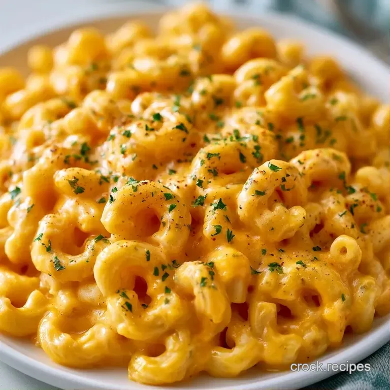 A white bowl of golden macaroni pasta topped with melted cheese bubbles and a sprinkle of fresh green parsley.