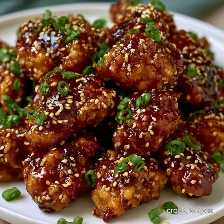 A white ceramic bowl filled with glazed chicken pieces, topped with sliced green onions and sesame seeds.