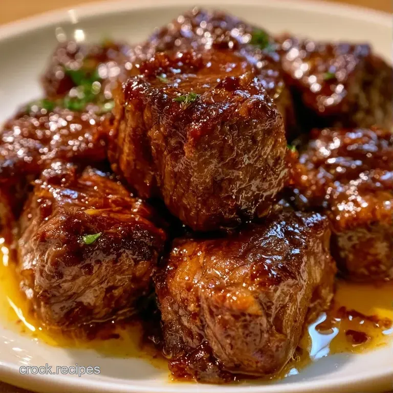 Juicy beef cubes glazed in a savory sauce, plated on a white porcelain dish with a sprinkle of fresh green parsley.