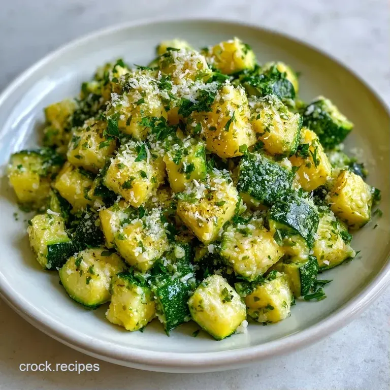 Elegant platter of tender summer squash rounds with melted parmesan, accented by a sprinkle of fresh green herbs.