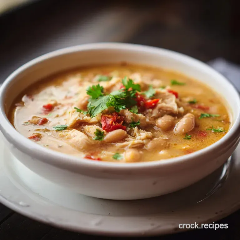 Close-up of white chicken chili in a rustic bowl. Bright green cilantro and a swirl of cream add pops of color. Warm and i...