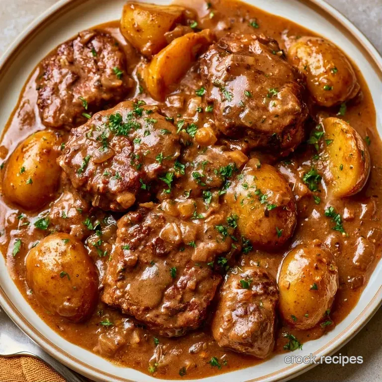 Sliced seared beef and golden potato chunks arranged on a white plate with a glossy sauce and a sprig of parsley.