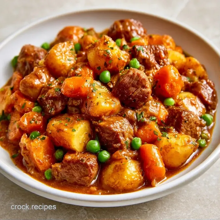 Deep white bowl of savory beef stew with vibrant orange carrots and green peas, garnished with fresh parsley.
