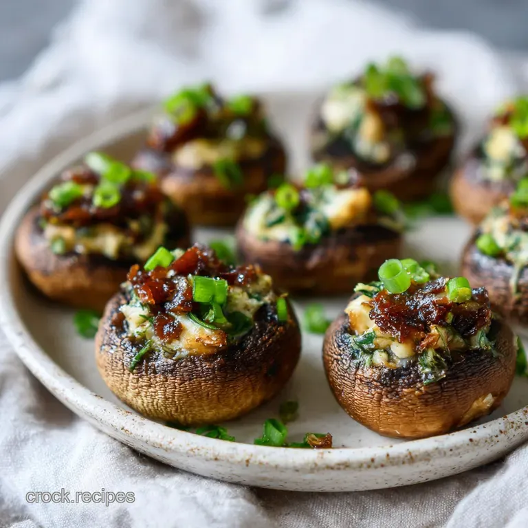 Three cheesy baked mushrooms artfully arranged on a white plate. Garnish of parsley sprigs add vibrant color to the rustic...