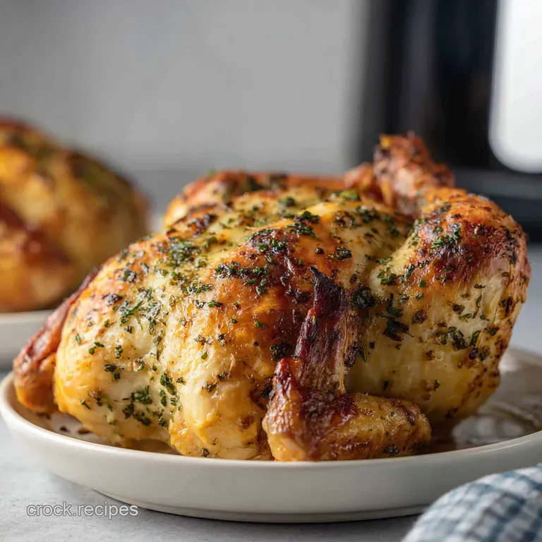 Perfectly arranged air-fried chicken on a white plate, accented by vibrant lemon wedges and fresh herbs. Appetizing presen...