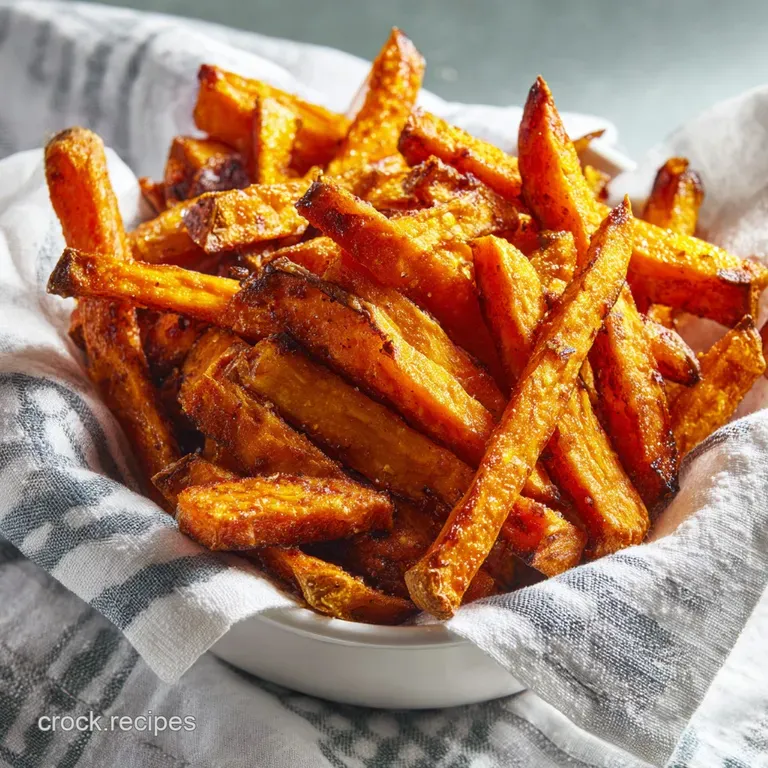 Crispy sweet potato fries in a white bowl with a creamy dipping sauce, dusted with spices and fresh parsley sprigs.