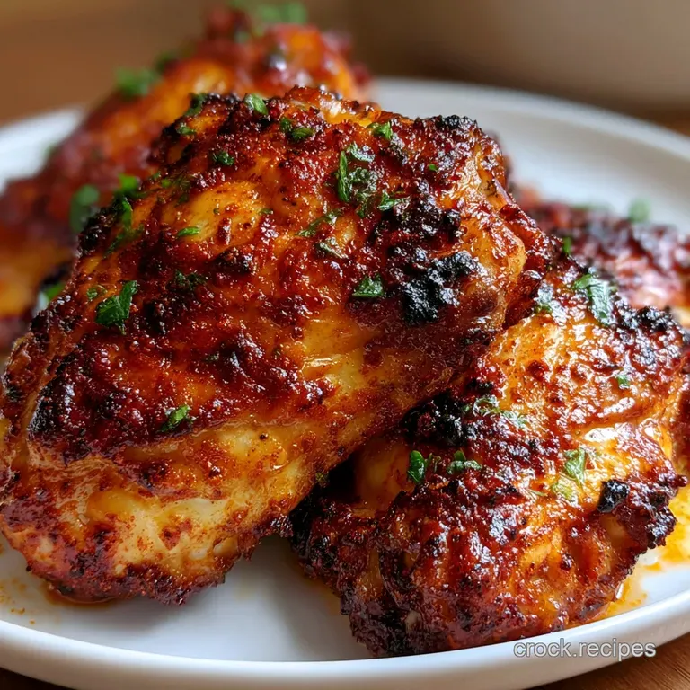 Searing golden-brown poultry thighs plated elegantly with roasted root vegetables and a sprig of fresh thyme.