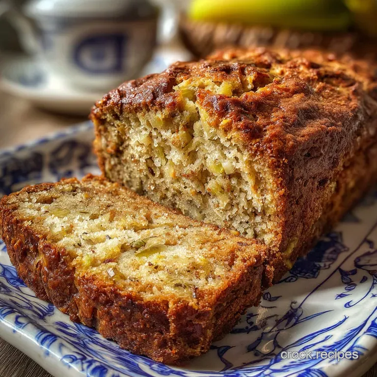 Thick slice of moist banana zucchini bread, dusted with powdered sugar and garnished with a fresh mint sprig on a white pl...