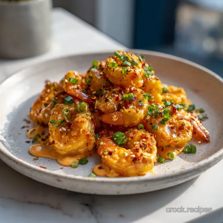 A ceramic bowl overflowing with golden-fried shrimp tossed in a vibrant, creamy sauce, garnished with fresh green herbs.