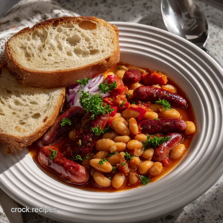 Glossy, mahogany-glazed hot dogs artfully arranged with vibrant beans, a scattering of herbs, and a light sauce on a white...