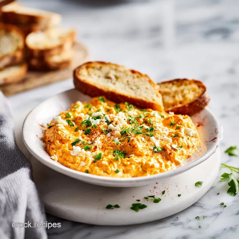 A scoop of creamy, vibrant buffalo chicken dip garnished with fresh green chives, artfully presented on a white plate.