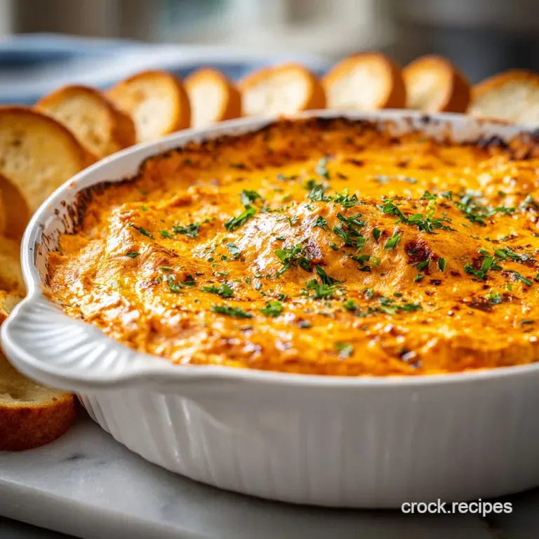 Creamy buffalo chicken dip in a rustic dish, garnished with chives, surrounded by celery sticks and toasted baguette slices.