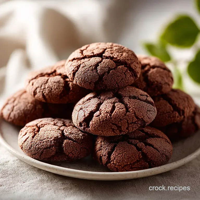 Three deep brown crinkle cookies artfully arranged on a white plate, their fractured surfaces catching the light.