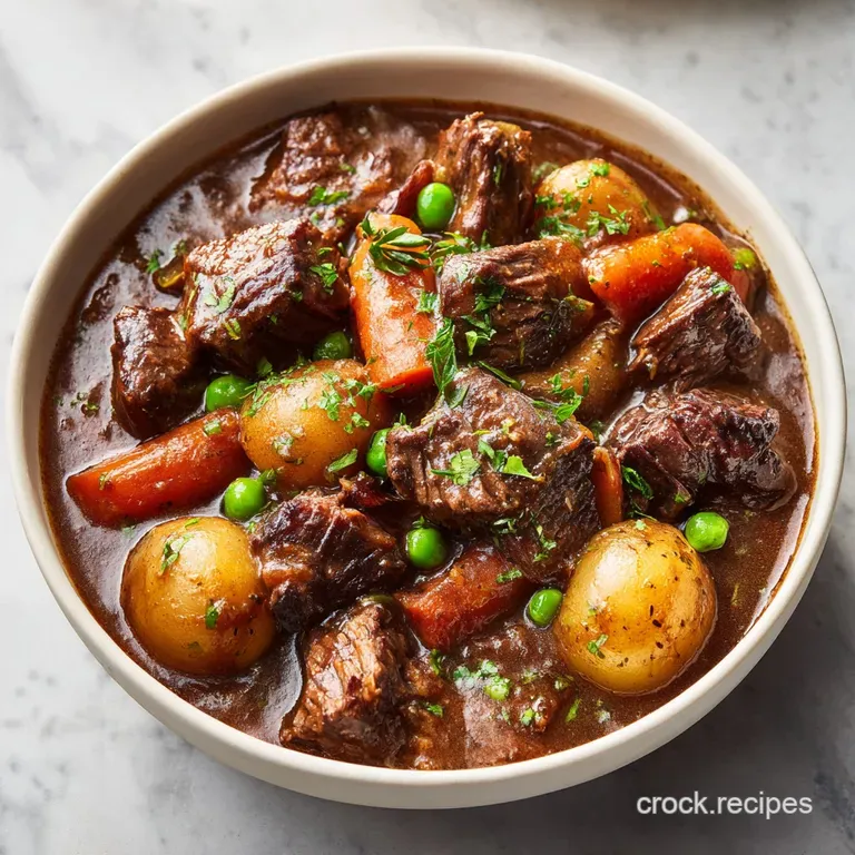 Tender beef chunks with soft vegetables piled high on creamy mashed potatoes. Garnished with fresh herbs in a bright white...