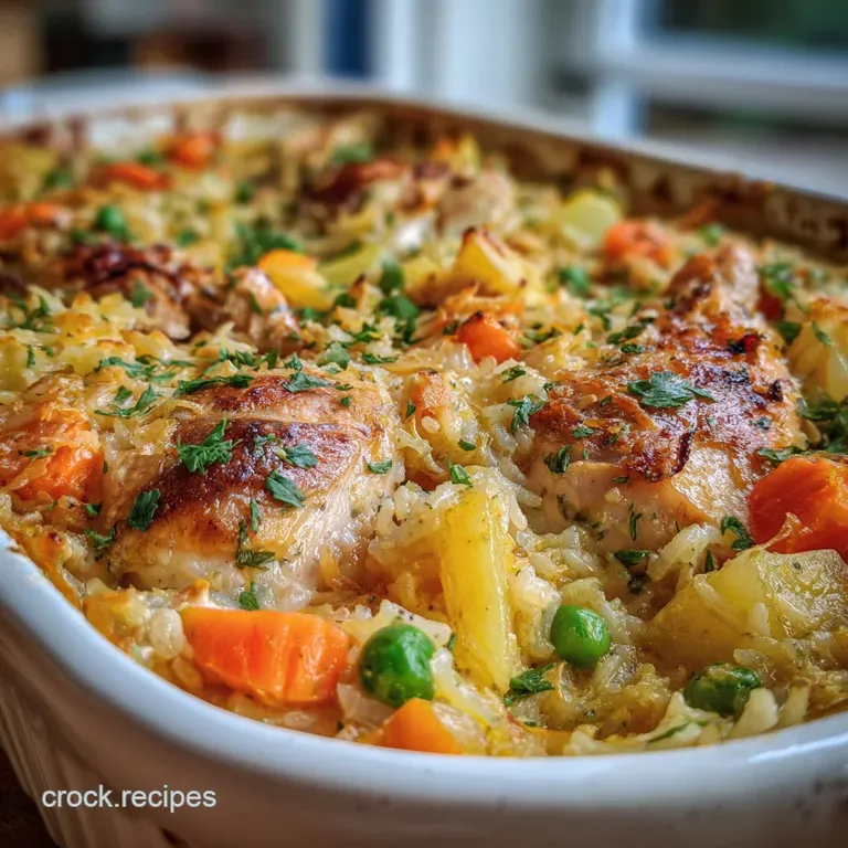 Creamy chicken and rice casserole served in a rustic bowl. Topped with fresh parsley and a sprinkle of black pepper, invit...