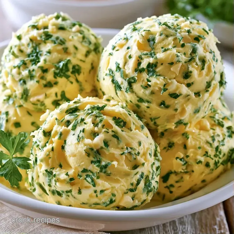 A smooth roll of pale yellow compound butter topped with fresh herbs on a dark slate platter with a butter knife.
