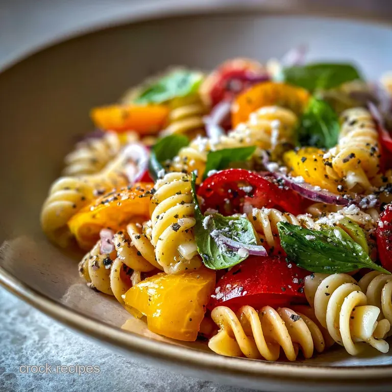 A bright serving of Mediterranean pasta salad artfully plated with a lemon wedge. Hints of herbs & feta add flavor and tex...