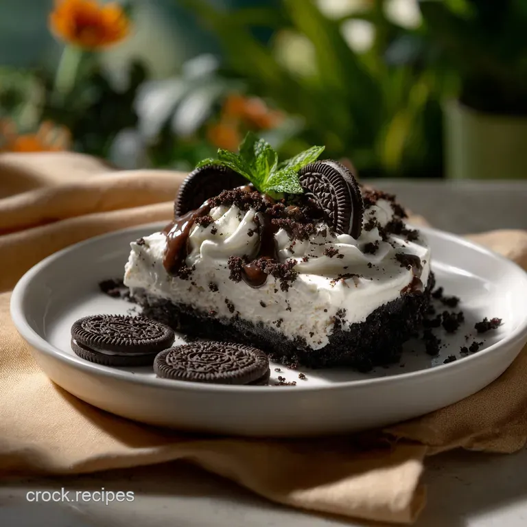 Creamy, dark chocolate mousse swirled atop a crumbly Oreo cookie crust, garnished with a dusting of cocoa powder.