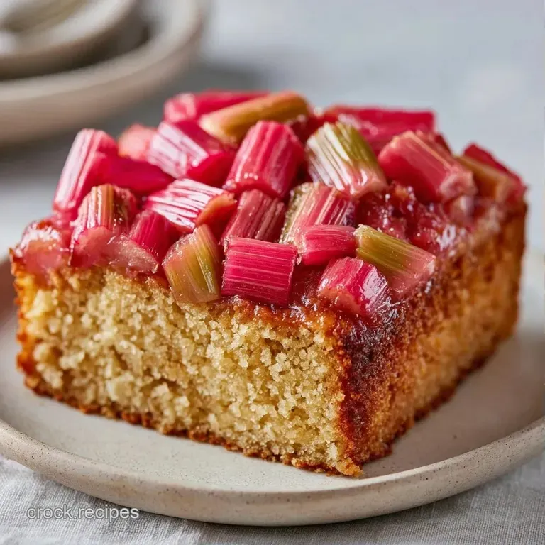 Single slice of golden sponge cake topped with bright pink rhubarb ribbons on a minimalist white ceramic plate.