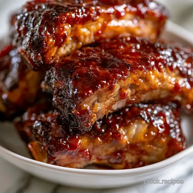 Glazed ribs stacked neatly on a white platter, garnished with fresh parsley and sliced red onions for a pop of color.
