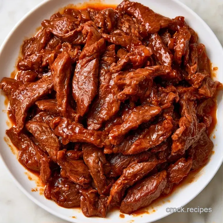 Glazed beef strips piled high over fluffy white rice on a ceramic plate, garnished with bright green onion curls.